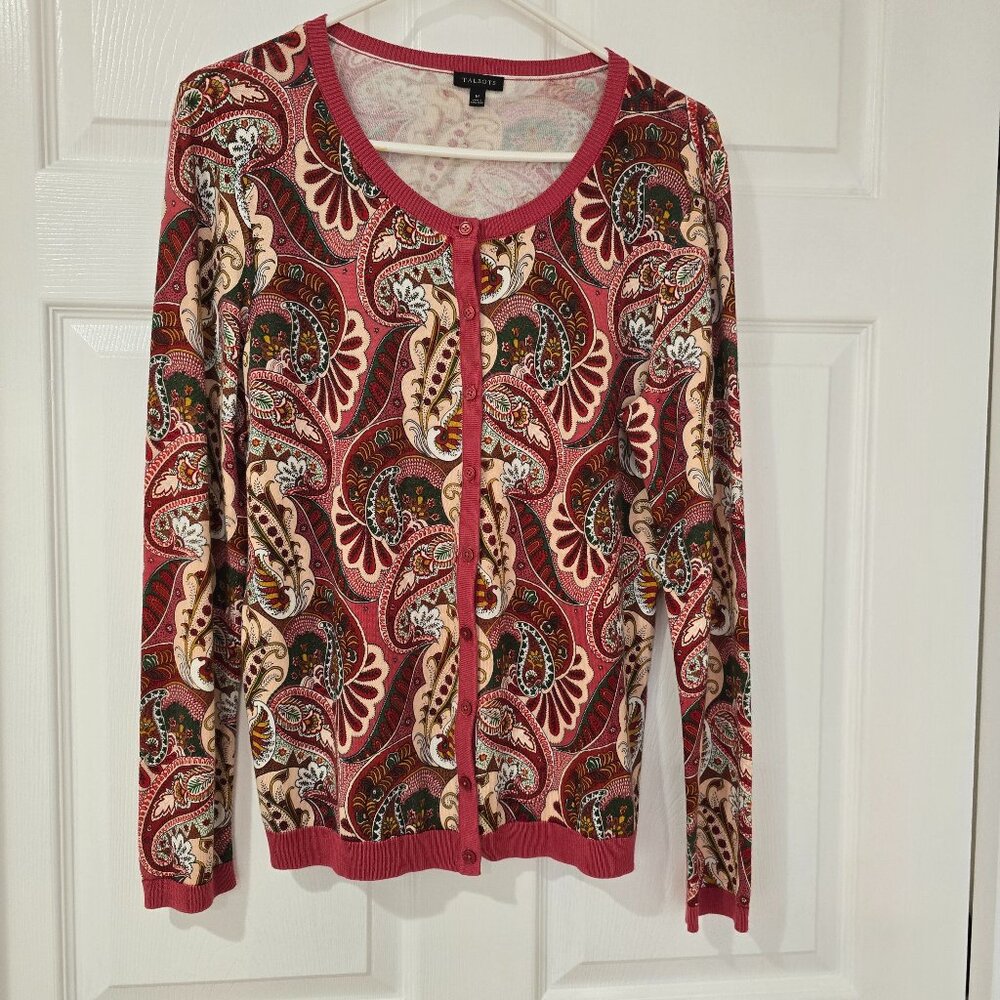 Talbots Pink Paisley Button Front Cardigan Round Neckline Size Medium